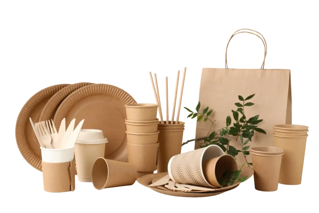 Eco-friendly disposable food packaging products including paper cups, plates, bowls, wooden cutlery, and kraft bags displayed on a beige background.