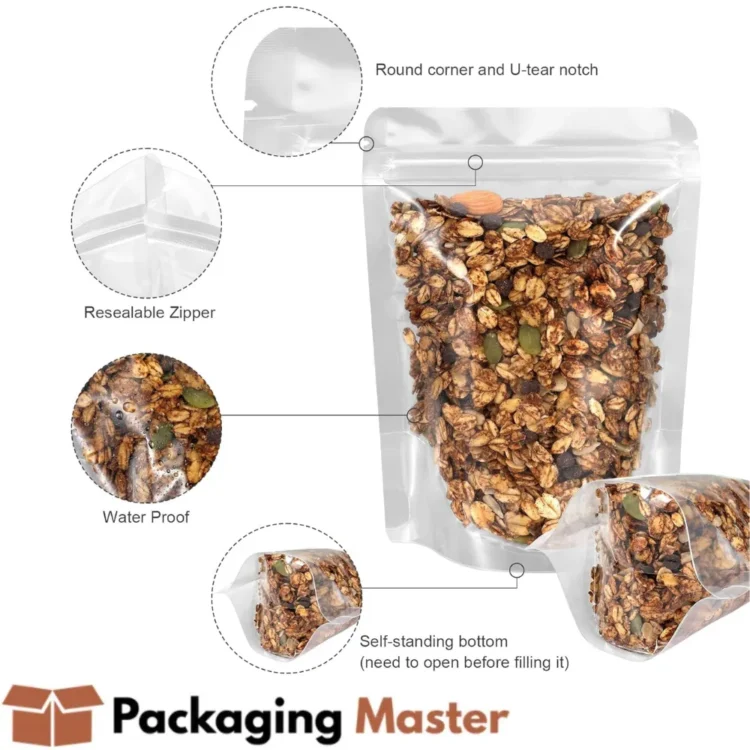Resealable clear food pouch by Packaging Master for snacks and dry fruits