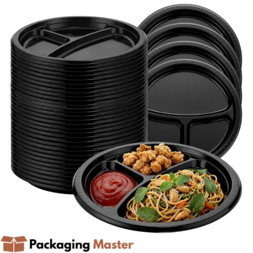 Disposable 3 compartment food plates in Pakistan used for catering, takeaway and wholesale food packaging by Packaging Master