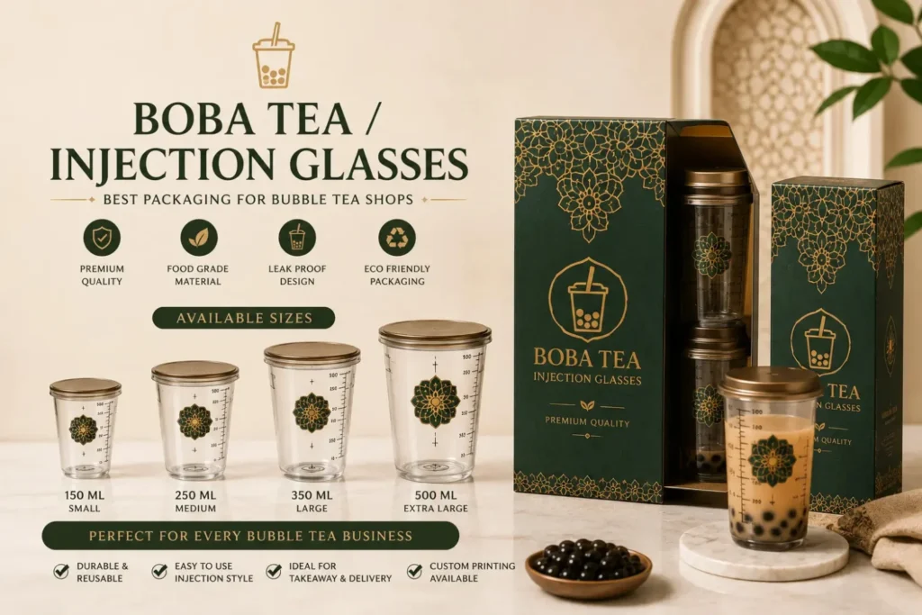 Boba tea injection glasses in Pakistan with premium packaging for bubble tea shops and takeaway beverage businesses.