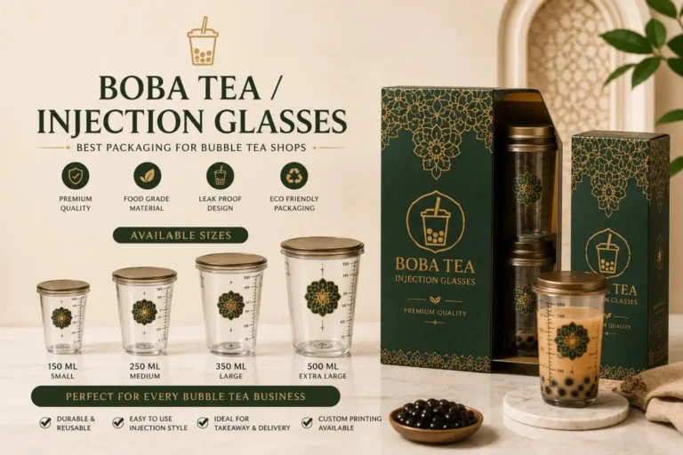 Boba tea injection glasses in Pakistan with premium packaging for bubble tea shops and takeaway beverage businesses.