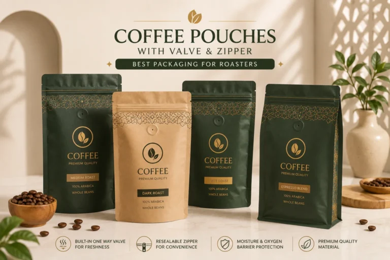 Premium coffee pouches with valve and zipper in Pakistan featuring luxury green and kraft packaging with gold foil printing for coffee roasters