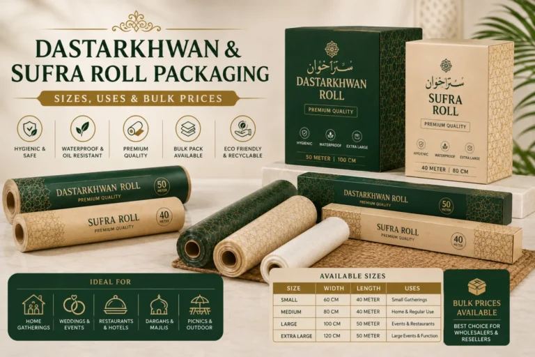 Dastarkhwan and sufra roll packaging in Pakistan with multiple sizes for restaurants, catering, events, and bulk supply.