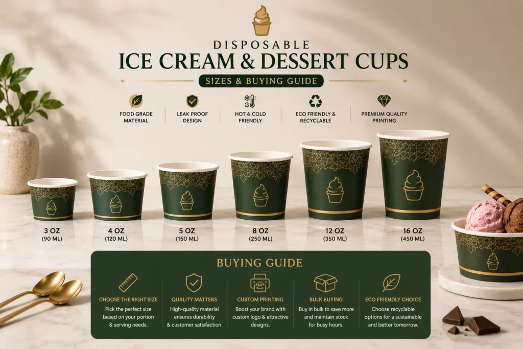 Disposable ice cream and dessert cups in Pakistan in multiple sizes with premium custom printed food packaging