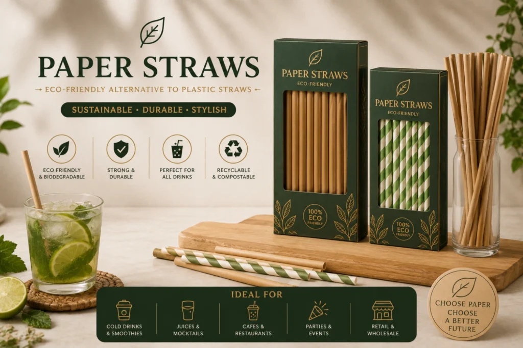 Eco-friendly paper straws in Pakistan for cafes, restaurants, bubble tea shops, and takeaway beverages.