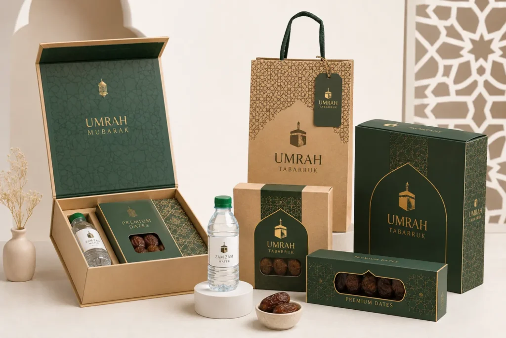 Premium Umrah Tabarruk packaging in Pakistan featuring dates boxes, Zam Zam bottle boxes, and Islamic gift packaging by Packaging Master.