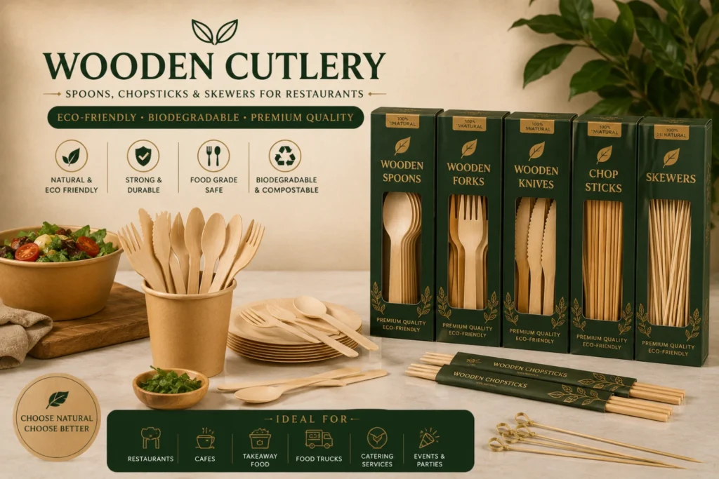 Wooden cutlery in Pakistan including spoons, chopsticks, and skewers for restaurants, cafes, catering, and takeaway.