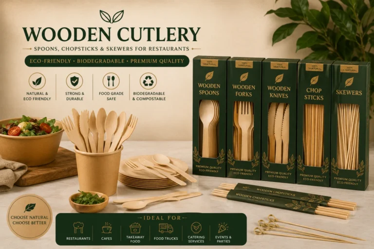 Wooden cutlery in Pakistan including spoons, chopsticks, and skewers for restaurants, cafes, catering, and takeaway.