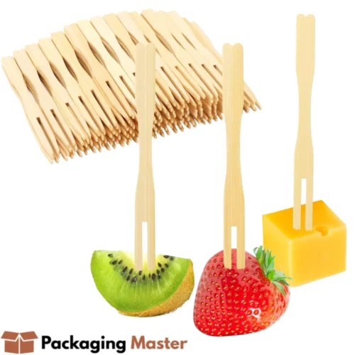 Mini wooden cocktail fruit forks for appetizers, olives, fruit platters, and party catering – Packaging Master Pakistan.