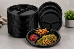 Black disposable compartment plates in Pakistan for takeaway, catering, restaurants and food service