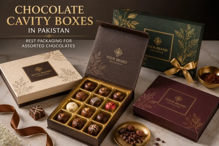 Premium chocolate cavity boxes in Pakistan with individual compartments for assorted chocolates, gifting and branded chocolate packaging