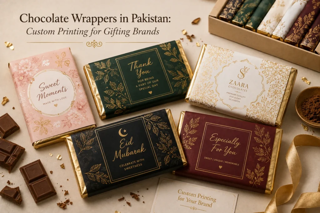 Custom printed chocolate wrappers in Pakistan for gifting brands, corporate gifts, weddings and special occasions