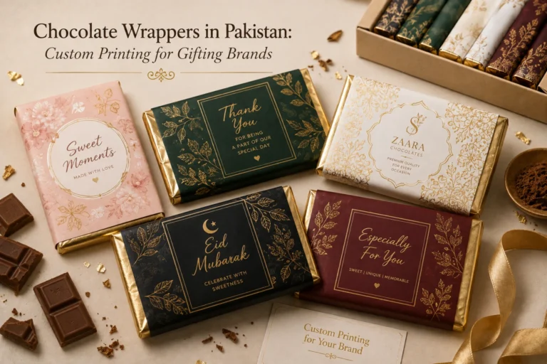 Custom printed chocolate wrappers in Pakistan for gifting brands, corporate gifts, weddings and special occasions