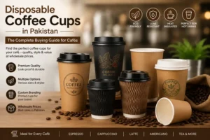 Disposable coffee cups in Pakistan for cafés, featuring kraft, ripple, and custom printed cups