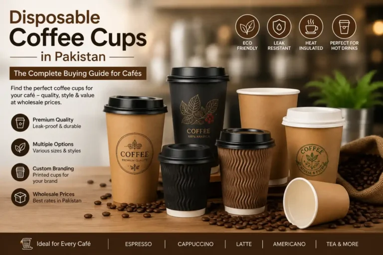 Disposable coffee cups in Pakistan for cafés, featuring kraft, ripple, and custom printed cups