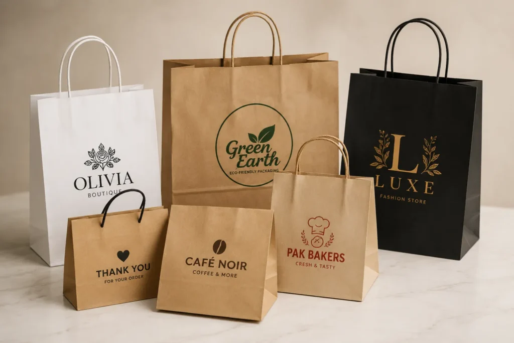 SOS paper bags in Pakistan with custom printed branding for retail stores, boutiques, cafés, and bakeries