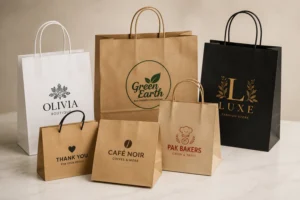 SOS paper bags in Pakistan with custom printed branding for retail stores, boutiques, cafés, and bakeries