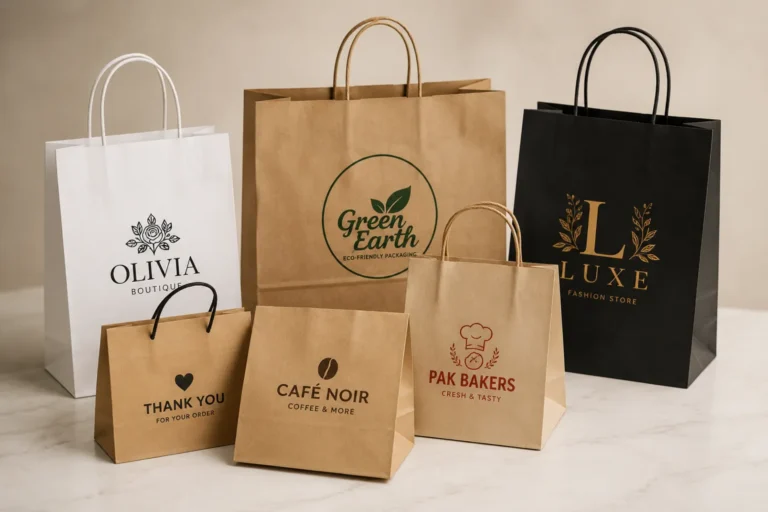 SOS paper bags in Pakistan with custom printed branding for retail stores, boutiques, cafés, and bakeries