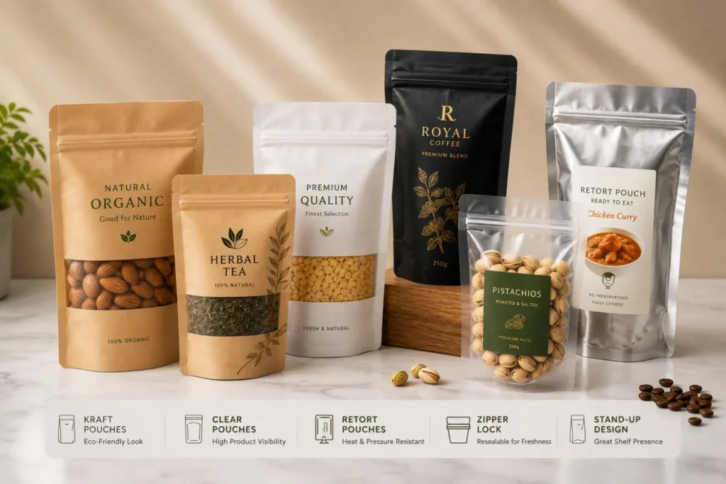 Stand-up pouches in Pakistan including kraft, retort and clear zipper packaging options for food products