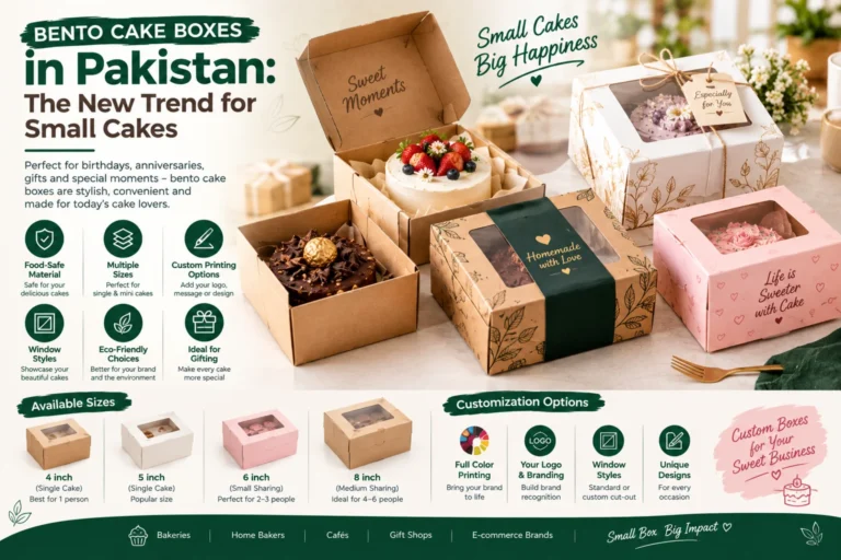 Bento cake boxes in Pakistan in multiple sizes with window and custom printing options for small cakes, home bakers and bakeries