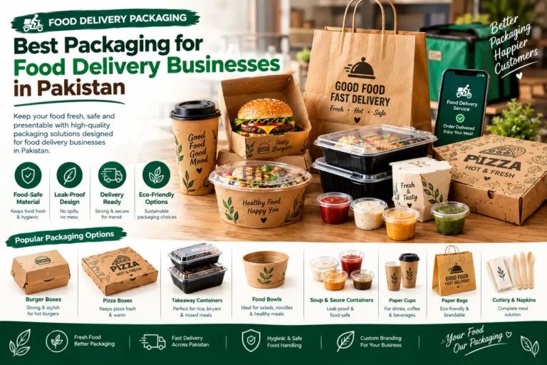 Best food delivery packaging in Pakistan including burger boxes, pizza boxes, takeaway containers, food bowls, sauce cups, paper bags and cups