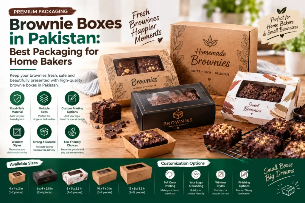 Brownie boxes in Pakistan in multiple sizes with window and custom printing options for home bakers, bakeries and small dessert businesses