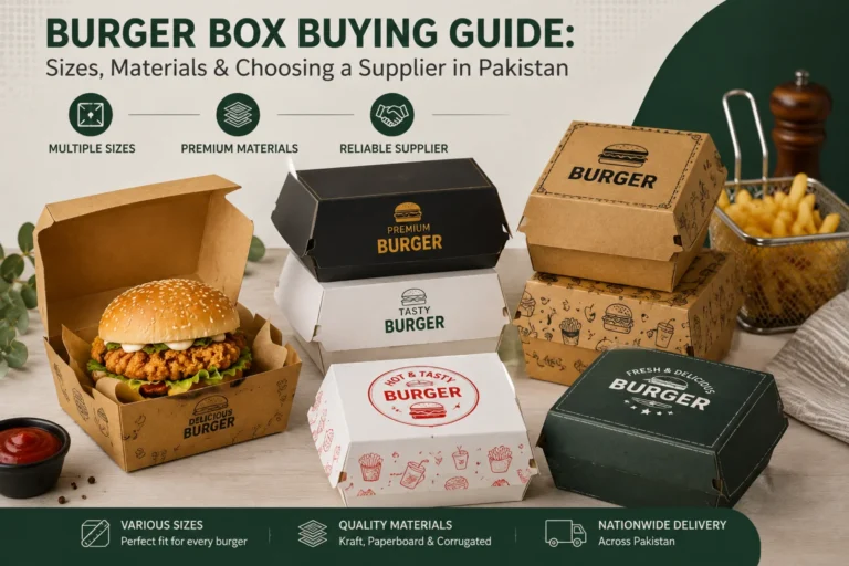 Different burger box sizes and materials in Pakistan for restaurants, takeaway businesses and choosing a reliable packaging supplier