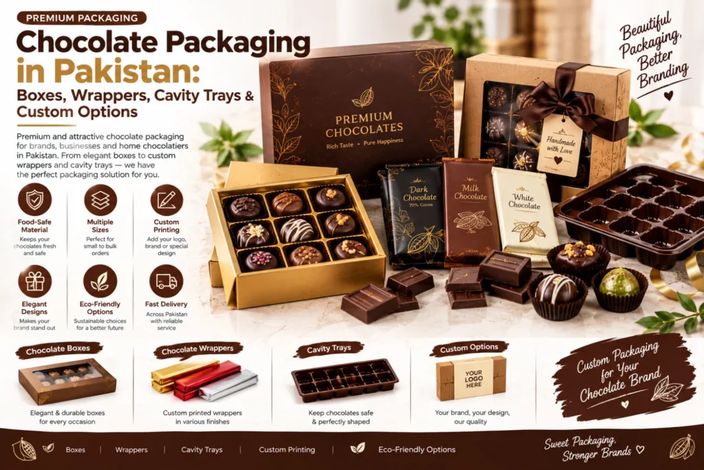 Chocolate packaging in Pakistan including chocolate boxes, custom wrappers, cavity trays and branded packaging options for chocolate businesses