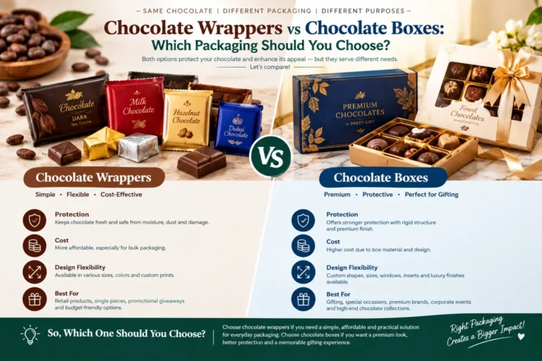 Chocolate wrappers vs chocolate boxes showing packaging options, cost, protection, customization and gifting uses for chocolate businesses