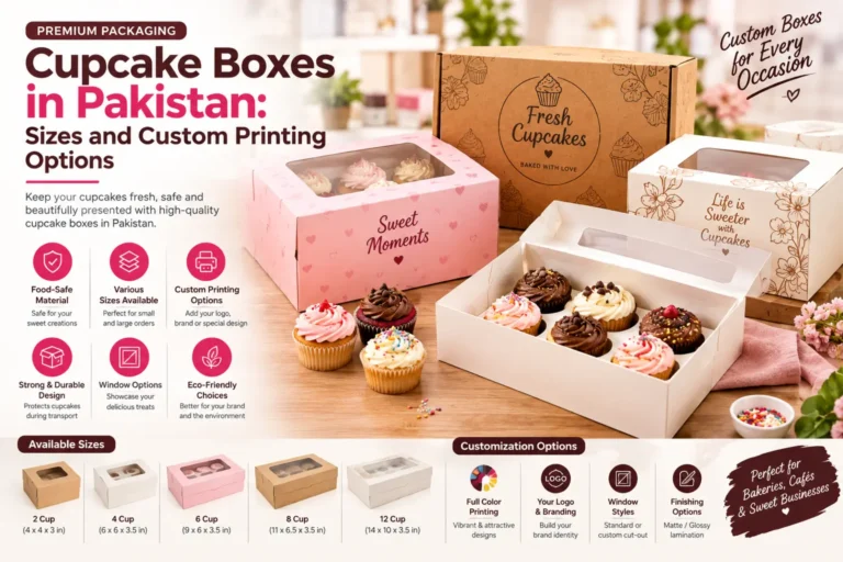 Cupcake boxes in Pakistan in 2, 4, 6, 8 and 12-cup sizes with window and custom printing options for bakeries and cafés