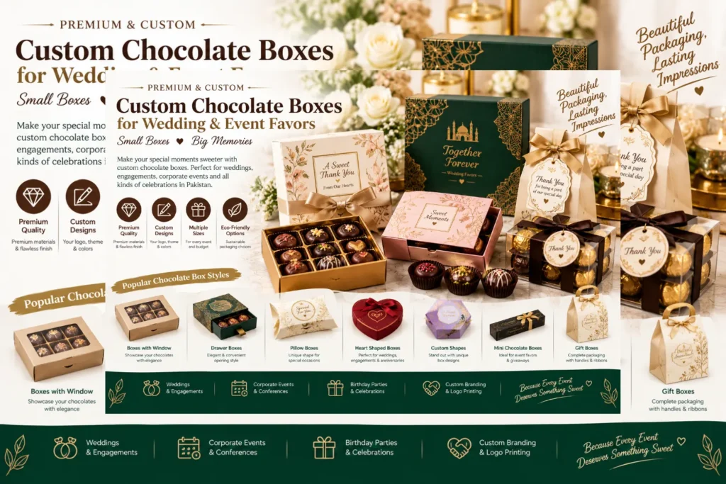 Custom chocolate boxes for wedding and event favors in Pakistan with branded designs, window boxes, gift boxes and assorted chocolate packaging