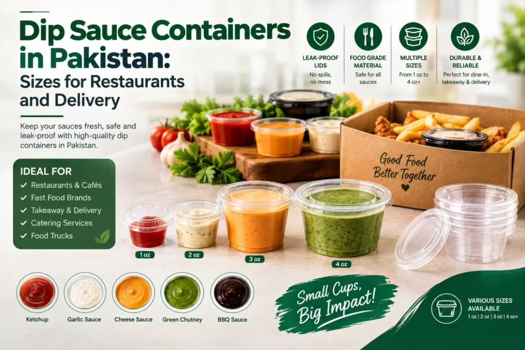 Dip sauce containers in Pakistan in multiple sizes for restaurants, fast food, takeaway and delivery, with leak-resistant lids