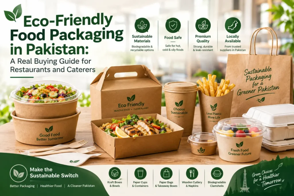 Eco-friendly food packaging in Pakistan including kraft boxes, bowls, paper cups, takeaway containers and bags for restaurants and caterers