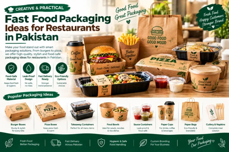 Fast food packaging ideas for restaurants in Pakistan including burger boxes, pizza boxes, takeaway containers, food bowls, sauce containers, cups and paper bags
