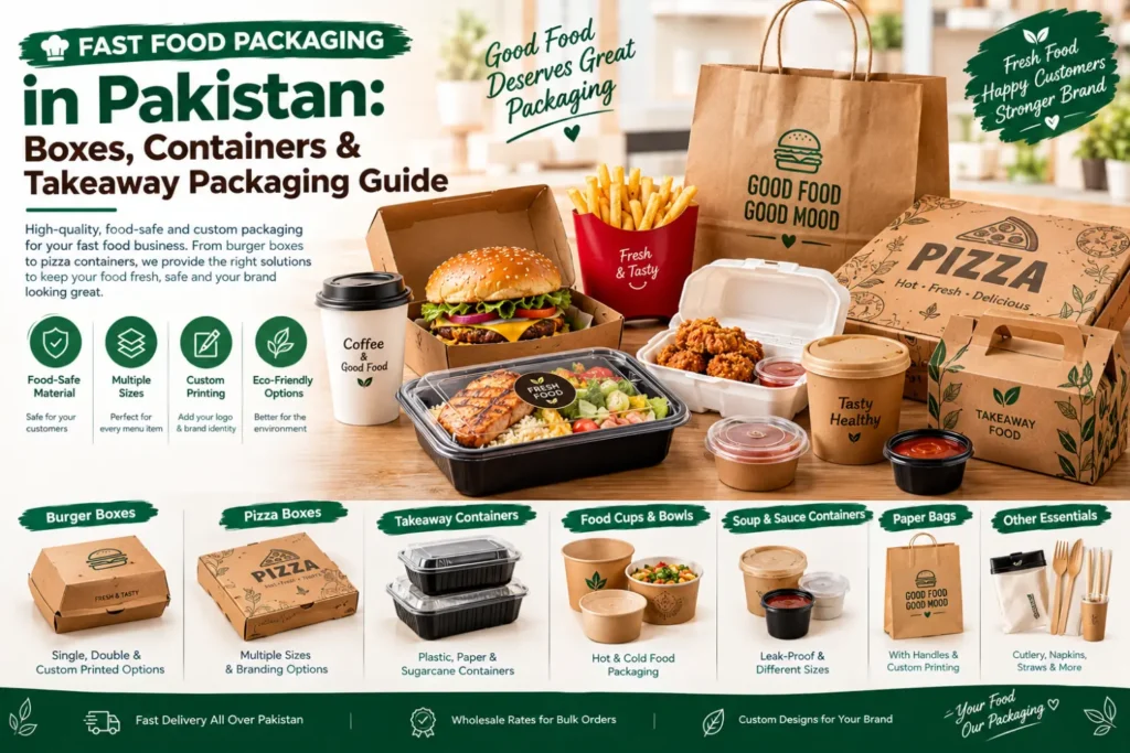 Fast food packaging in Pakistan including burger boxes, pizza boxes, takeaway containers, food cups, sauce containers and paper bags