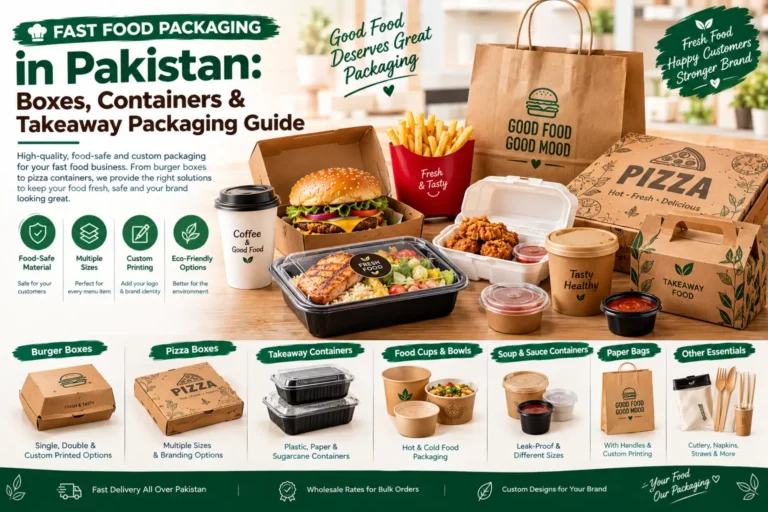 Fast food packaging in Pakistan including burger boxes, pizza boxes, takeaway containers, food cups, sauce containers and paper bags