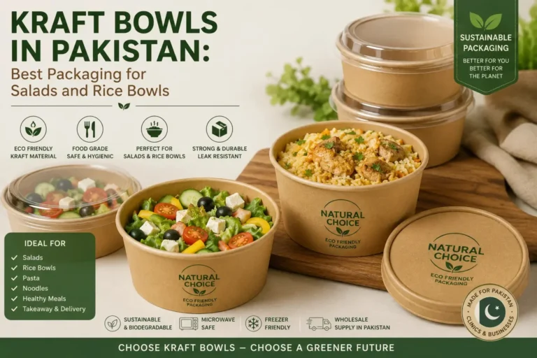 Kraft bowls in Pakistan for salads and rice bowls, featuring food-grade disposable packaging with lids for takeaway and delivery