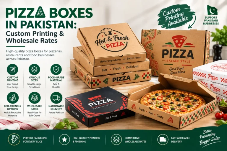 Custom printed pizza boxes in Pakistan in multiple sizes for pizzerias, restaurants and food businesses, with wholesale packaging options