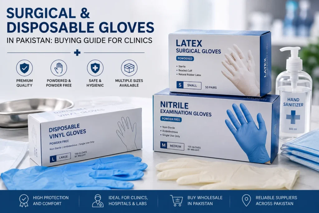 Surgical and disposable gloves in Pakistan for clinics, showing latex, nitrile and vinyl glove options for medical hygiene and daily use