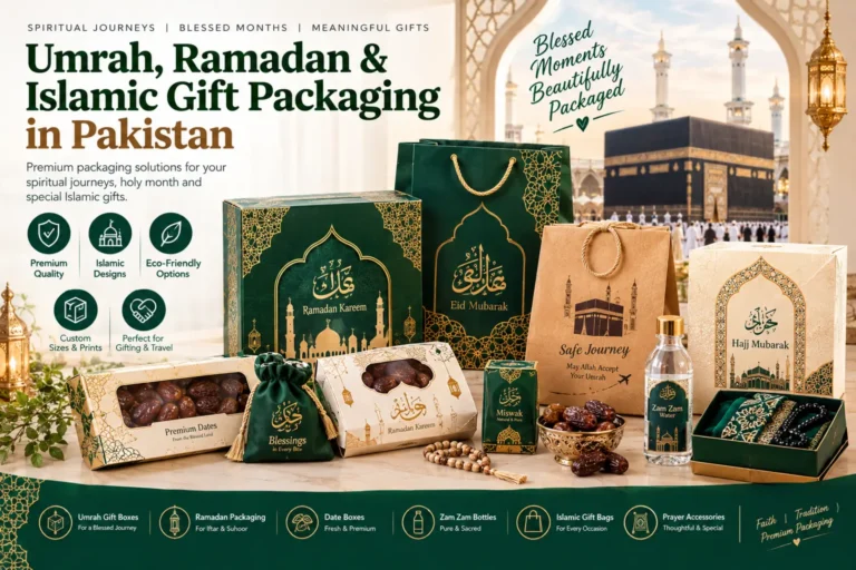 Umrah, Ramadan and Islamic gift packaging in Pakistan featuring premium gift boxes, date boxes, Zam Zam bottles, gift bags and prayer accessories
