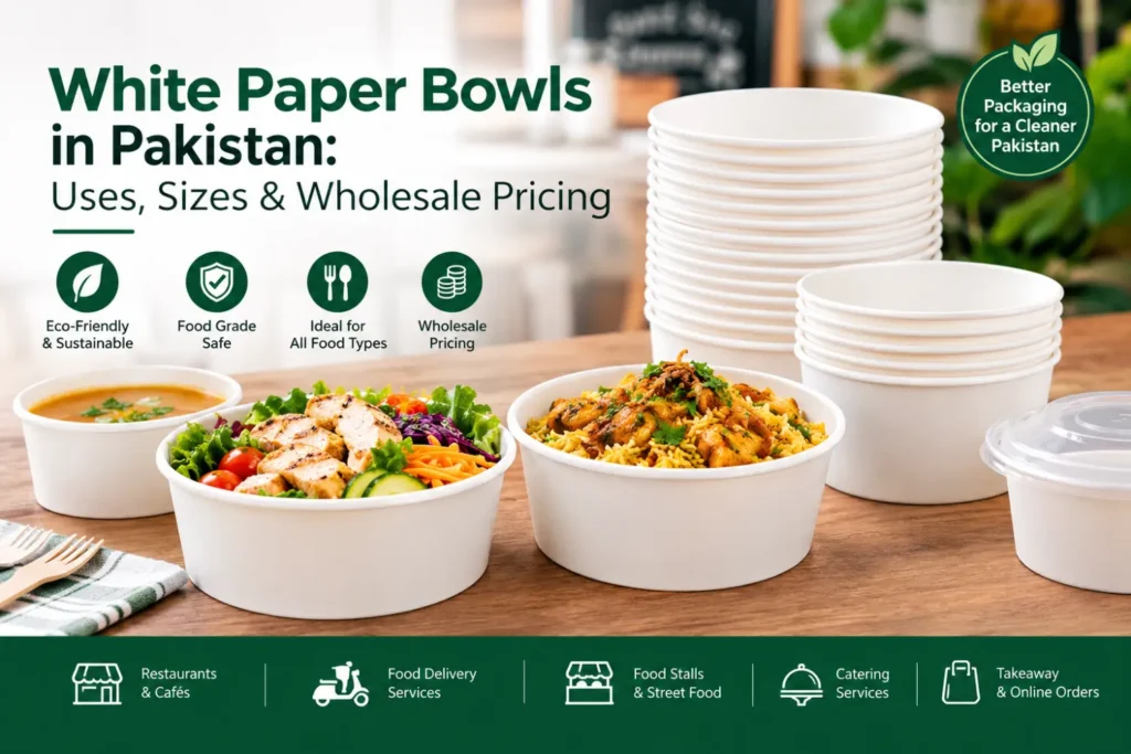 White paper bowls in Pakistan for restaurants, takeaway and food delivery with different sizes and wholesale pricing