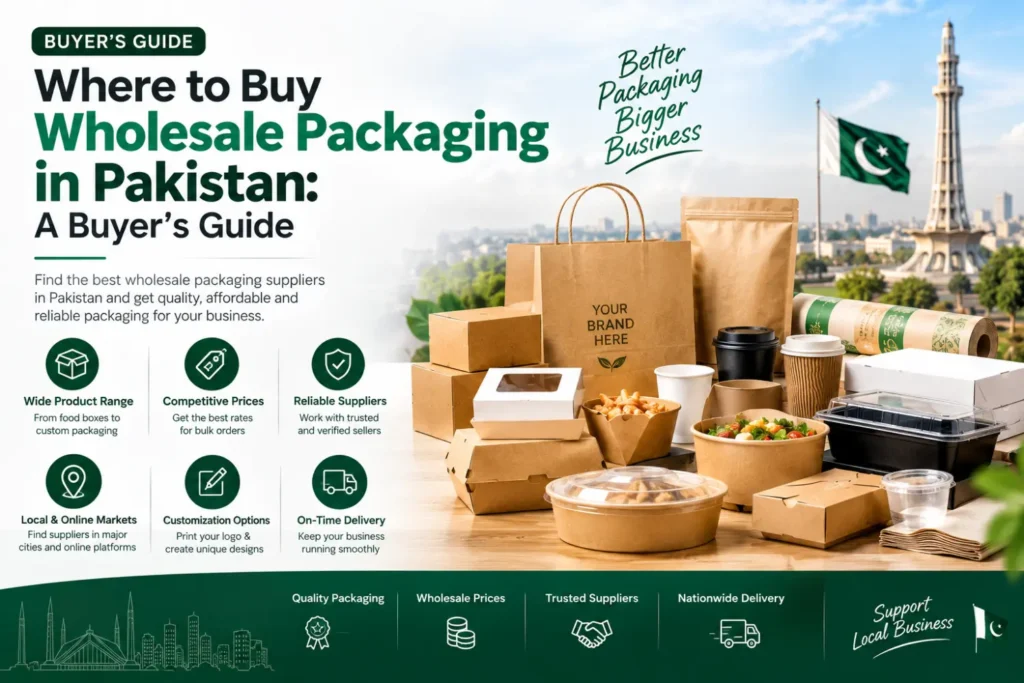 Wholesale packaging in Pakistan with food boxes, kraft bags, cups and containers for businesses comparing suppliers, prices and bulk options