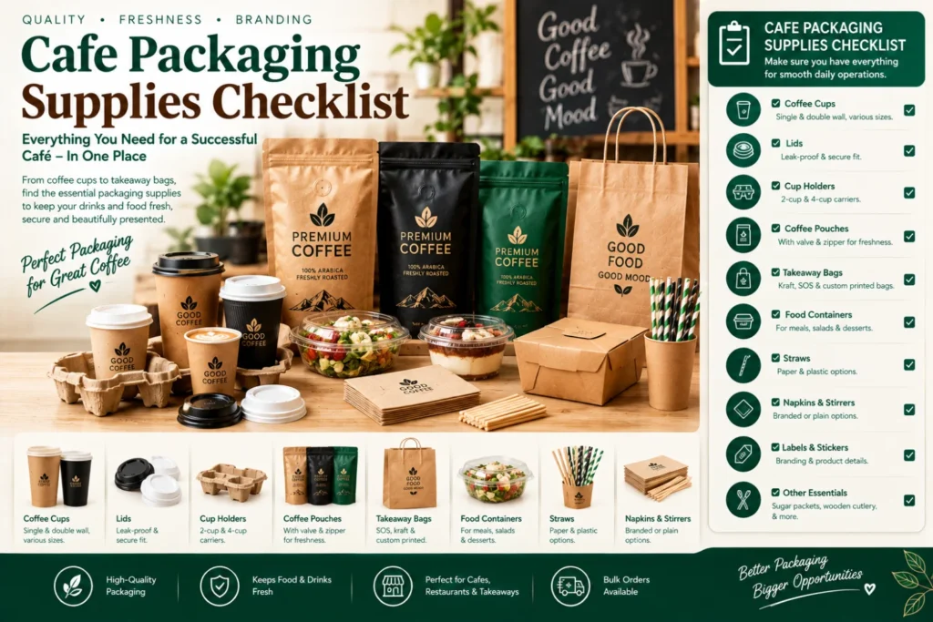 Cafe packaging supplies checklist featuring coffee cups, lids, cup holders, coffee pouches, takeaway bags, food containers and napkins for cafes and coffee shops in Pakistan