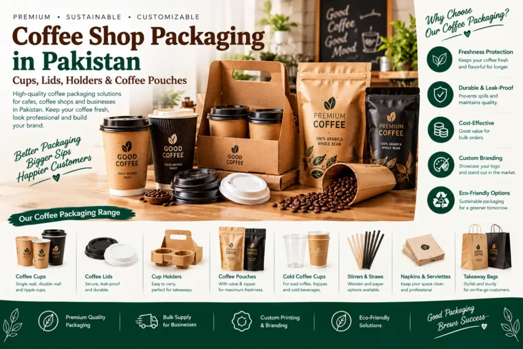 Coffee shop packaging in Pakistan including paper cups, lids, cup holders, coffee pouches and takeaway packaging for cafes and coffee businesses