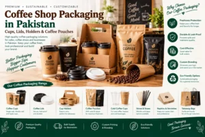 Coffee shop packaging in Pakistan including paper cups, lids, cup holders, coffee pouches and takeaway packaging for cafes and coffee businesses