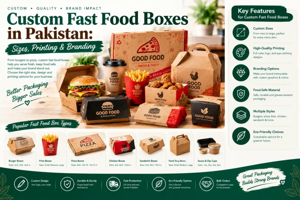 Custom fast food boxes in Pakistan featuring printed burger boxes, pizza boxes, chicken boxes, fries boxes and takeaway packaging with custom sizes, logo printing and branding options for restaurants.