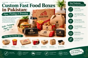 Custom fast food boxes in Pakistan featuring printed burger boxes, pizza boxes, chicken boxes, fries boxes and takeaway packaging with custom sizes, logo printing and branding options for restaurants.