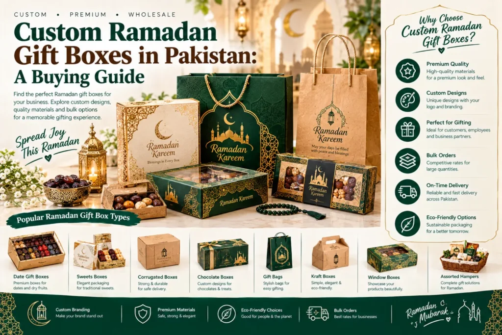 Custom Ramadan gift boxes in Pakistan with premium designs for dates, chocolates, sweets and corporate gifts, available for bulk orders