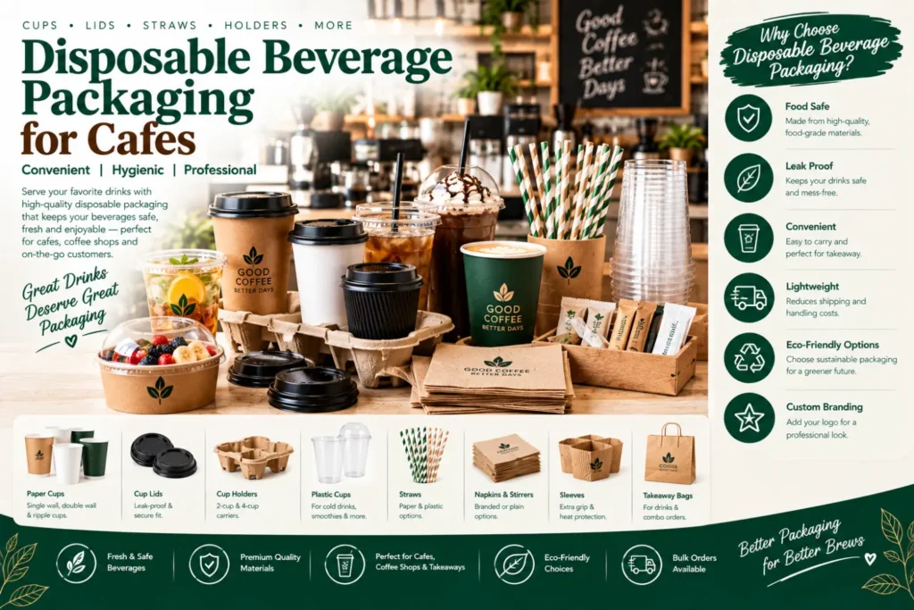 Disposable beverage packaging for cafes featuring paper coffee cups, lids, cup holders, cold drink cups, straws, takeaway bags and food containers for coffee shops and beverage businesses in Pakistan.