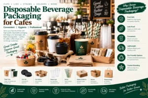 Disposable beverage packaging for cafes featuring paper coffee cups, lids, cup holders, cold drink cups, straws, takeaway bags and food containers for coffee shops and beverage businesses in Pakistan.